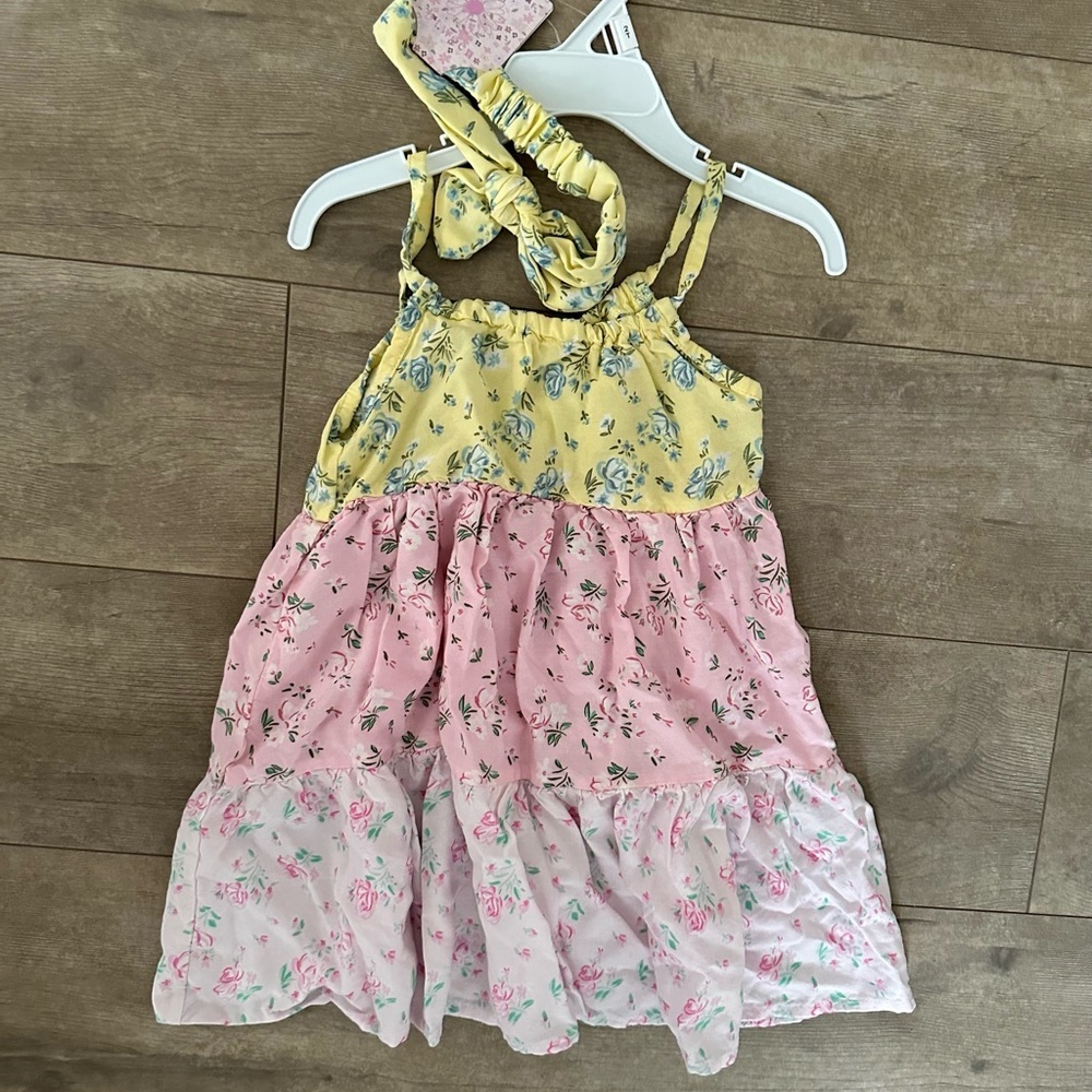 New Boutique Flowy Floral Patchwork Dress & Matching Hair Accessory 2T Girl Boho